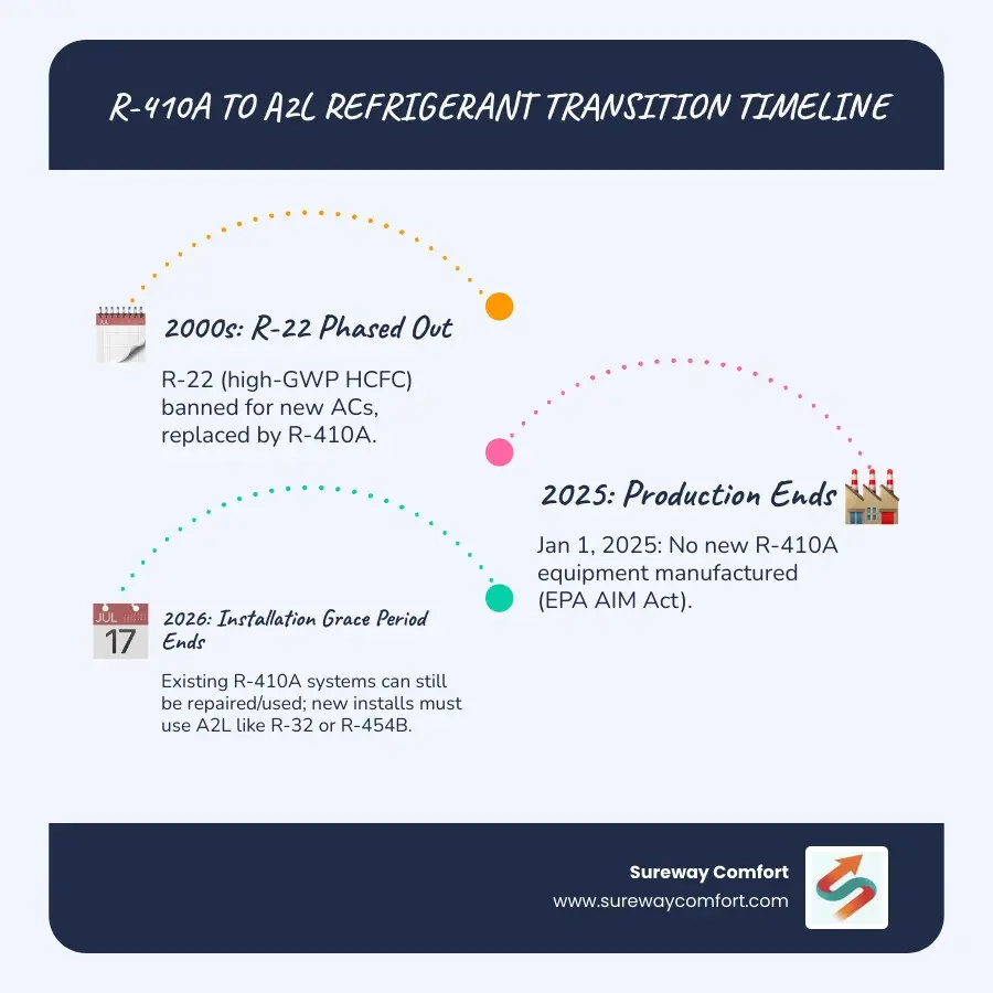 Refrigerant transition timeline from R-22 to R-410A to A2L refrigerants for homeowners infographic Refrigerant transition timeline from R-22 to R-410A to A2L refrigerants for homeowners infographic