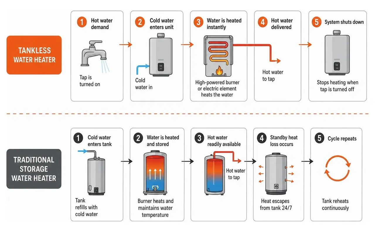 Process flow of water heating in tankless vs traditional storage water heaters