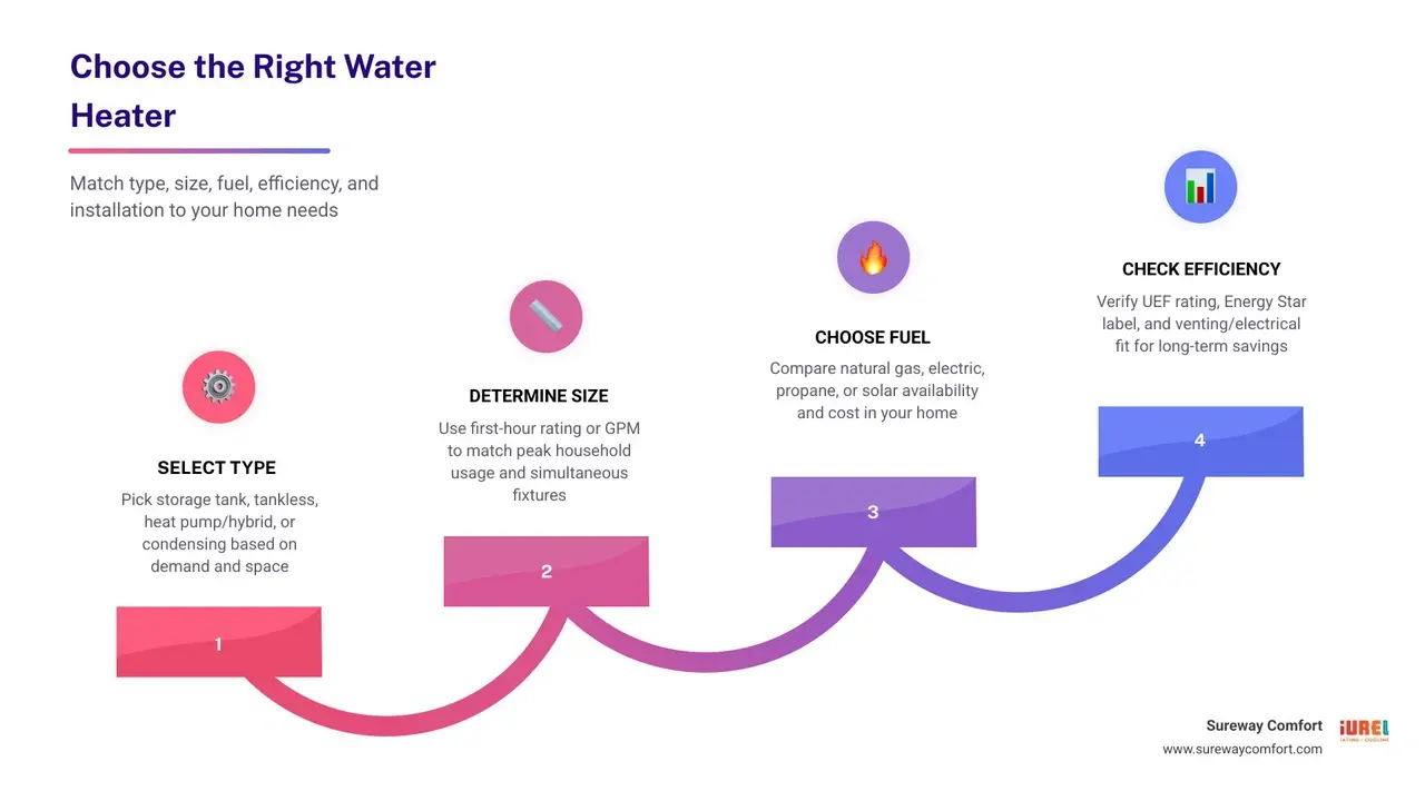 Step-by-step infographic showing how to choose the right water heater: type, size, fuel, efficiency, and installation fit