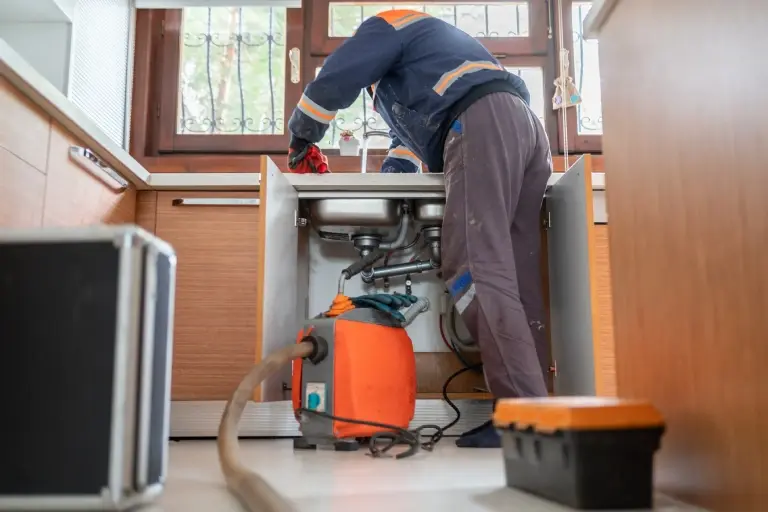 Plumber using a drain cleaning machine under a kitchen sink to resolve a clogged drain issue in Upper St. Clair, PA.