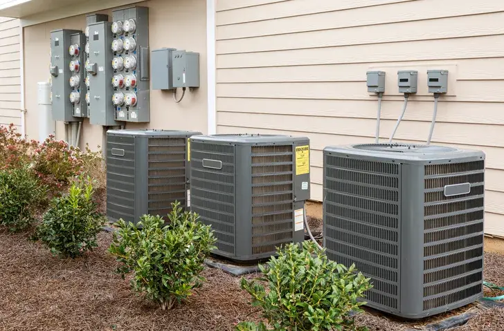 Three outdoor air conditioning units are lined up next to a building with siding, near several electricity meters.