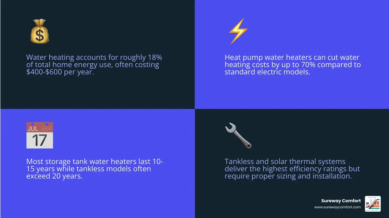 Infographic comparing water heater types by efficiency, lifespan, best use case, and energy source infographic Infographic comparing water heater types by efficiency, lifespan, best use case, and energy source infographic
