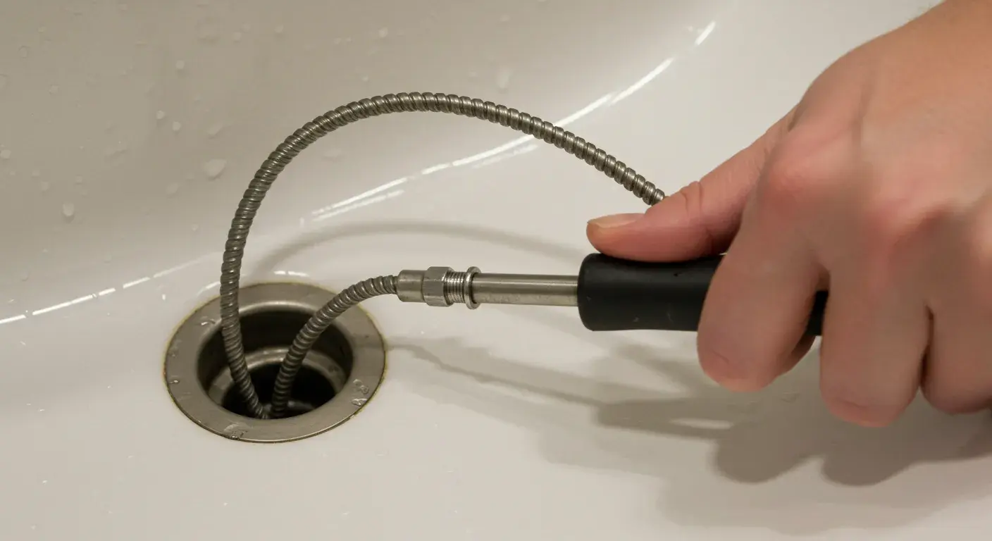 A person's hand is using a flexible metal drain snake to clear a clogged bathroom sink drain.