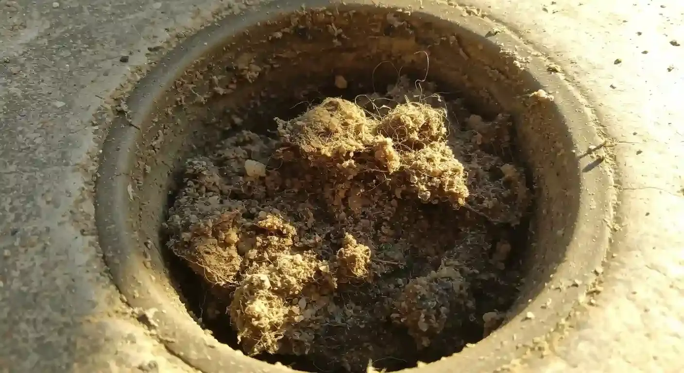Close-up of a circular hole filled with a mix of dirt, debris, and fibers, surrounded by a gritty surface.