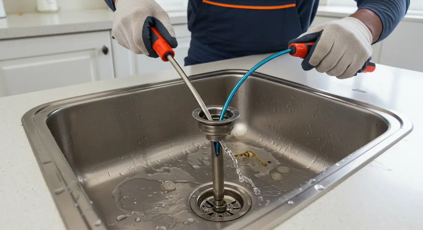 A gloved plumber is using a drain snake and another tool to clear a clog in a stainless steel kitchen sink.