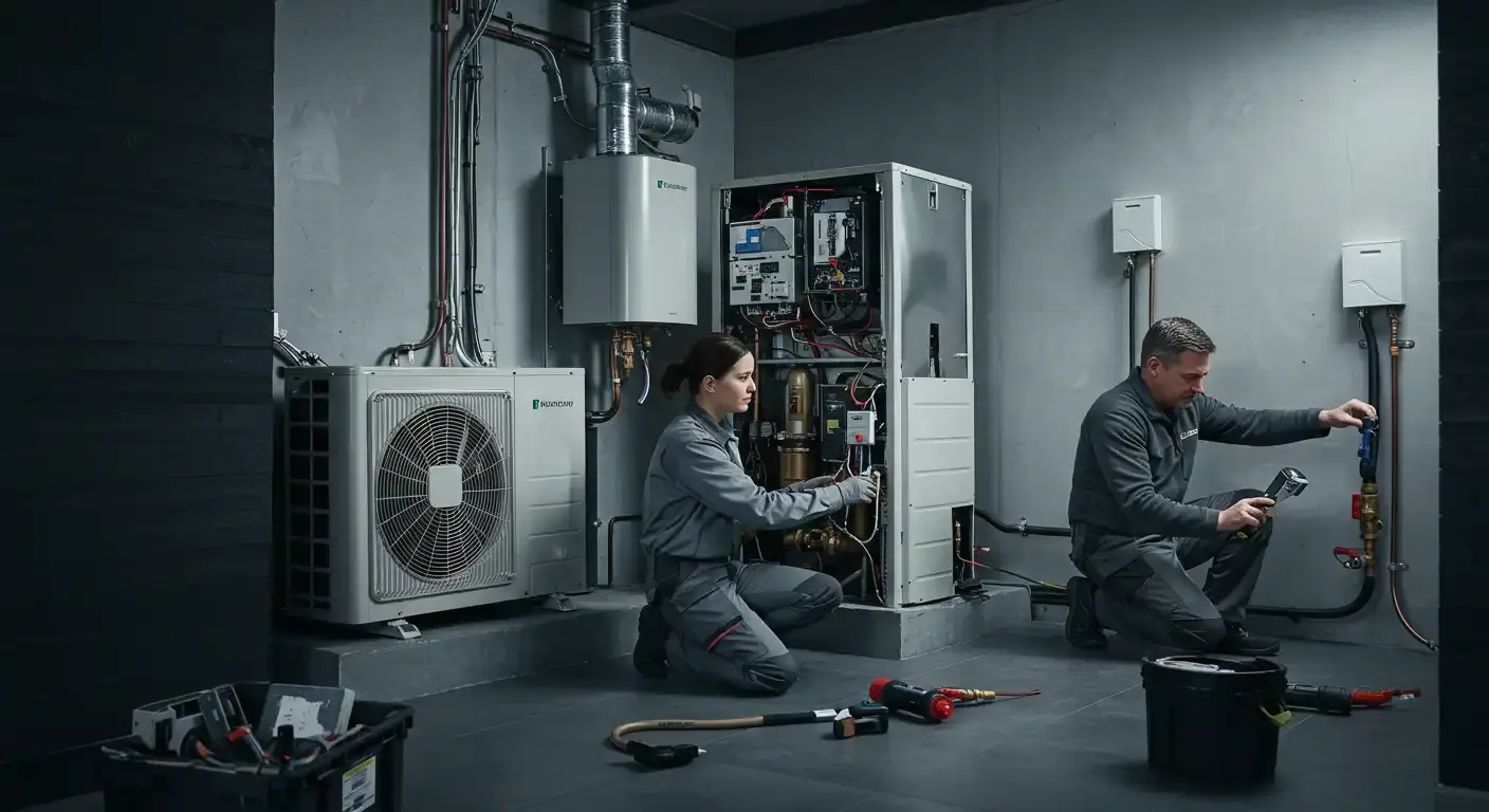  A full shot of a man and a woman, both wearing gray work uniforms, working on two indoor heat pump units in a basement. The woman on the left is kneeling and appears to be connecting wires inside the unit. The man on the right is also kneeling, using a wrench to tighten a pipe connection. The units are surrounded by exposed pipes and electrical conduits against a dark gray, textured wall. Tools are scattered on the dark floor, including a black plastic toolbox. The scene is well-lit, highlighting the two technicians at work.