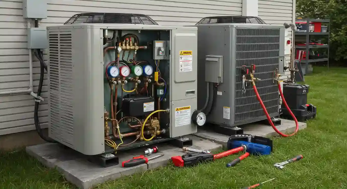 A low-angle shot shows two outdoor heat pump or air conditioning units side-by-side on a concrete pad. The unit on the left has its front panel removed, exposing a complex internal system of copper pipes, electrical wires, and a set of four pressure gauges with red, green, and blue faces. The unit on the right is fully intact. Various tools, including a blue and red manifold gauge set and several wrenches, are scattered on the grass in front of the units. The siding of a house is visible in the background, along with a shelf unit and other equipment, suggesting a service area.
