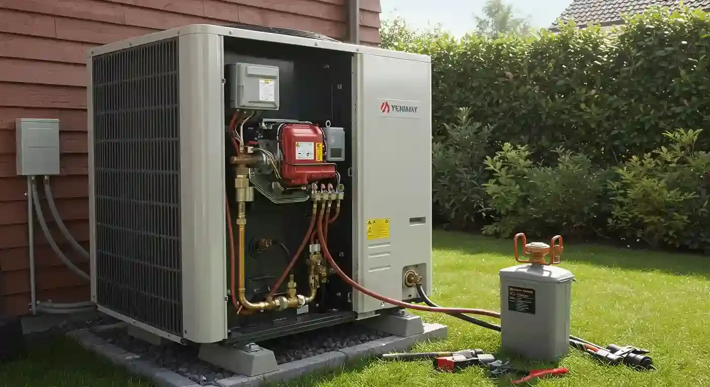  A three-quarter view of a heat pump unit with its side panel removed, revealing a red compressor and an intricate network of copper pipes and wiring. The unit, which has the "YEMMAY" brand logo, is situated on a gravel bed next to a house with red siding and a manicured hedge. A gray and yellow refrigerant tank is connected to the unit by a red hose, indicating a refilling or servicing process. Tools and other equipment are visible on the ground beside the tank.