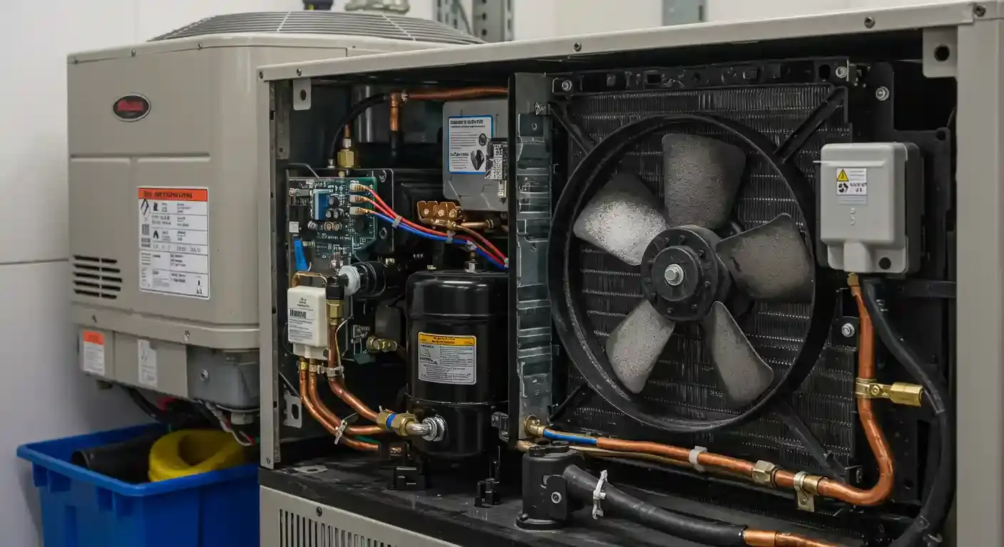 A close-up, eye-level shot shows the interior of a heat pump unit with its front panel removed. The gray metallic box reveals a large fan with five blades on the right, surrounded by a black radiator-like coil. To the left, a black compressor and a green circuit board with various wires and components are visible, surrounded by shiny copper pipes. Another heat pump unit is visible in the background, along with a blue bin and the corner of a white wall. The scene suggests a workshop or service bay.