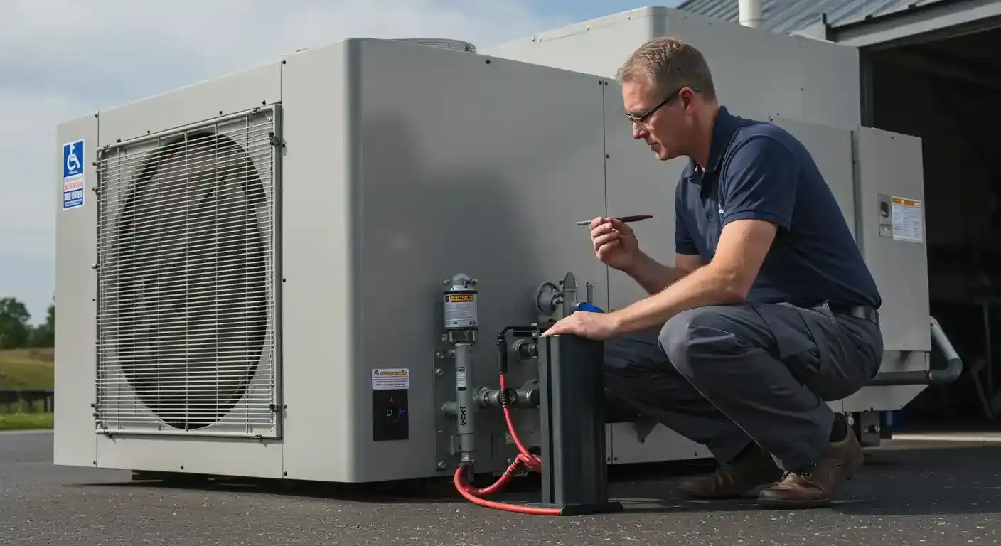 A wide shot of a technician in a dark blue polo shirt and gray pants. He is crouched down on a paved surface, inspecting the components of a large, gray heat pump unit. The technician, a white man with short blonde hair and glasses, holds a red and black tool, pointing it at a pipe connected to the side of the unit. The heat pump has a large fan on the front and is located outdoors in what appears to be a parking lot. A second, identical unit is visible behind the first.