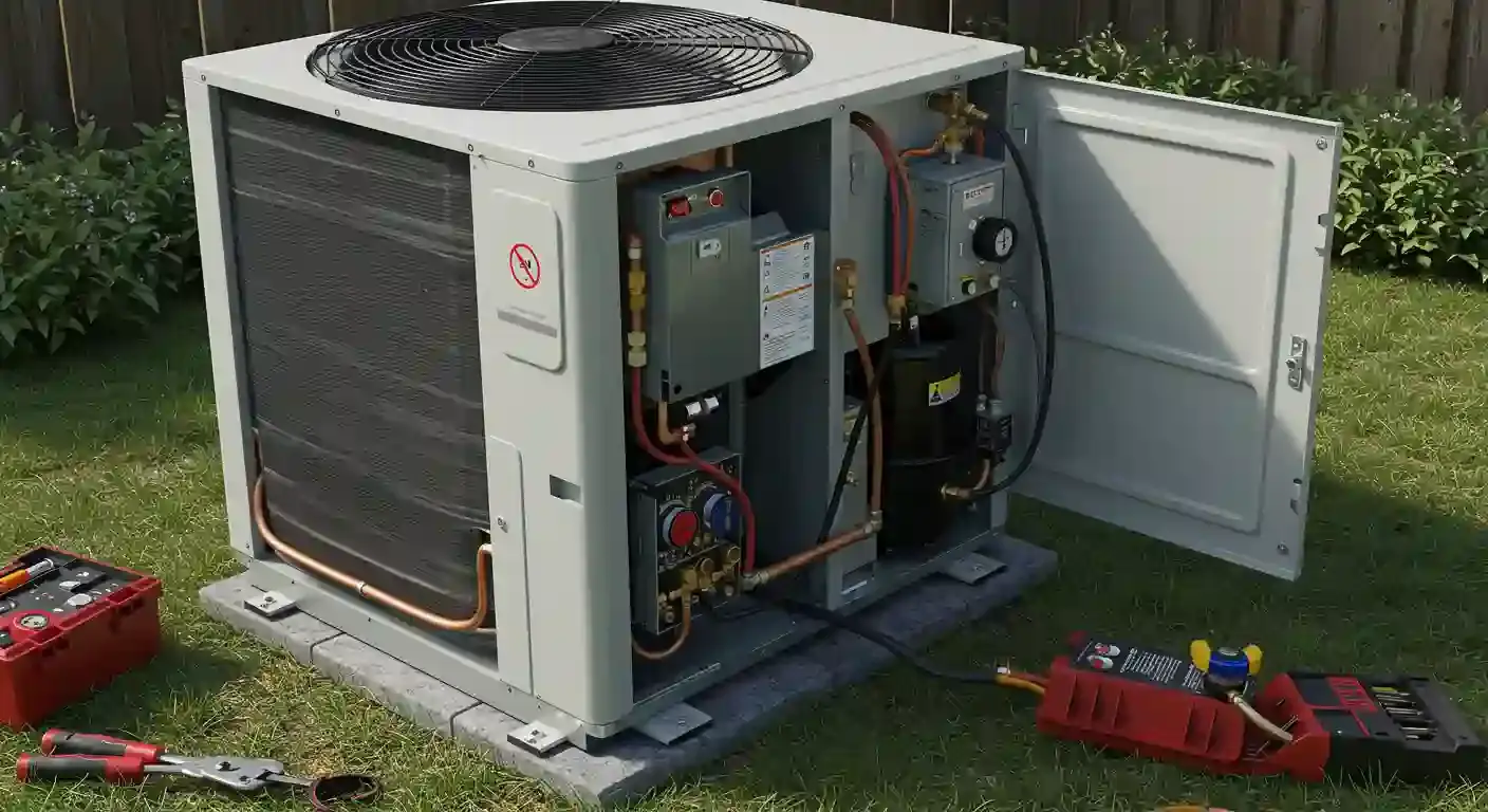  A detailed, horizontal, 3D-rendered image shows a gray outdoor heat pump unit with its side panel open, revealing the internal components. The unit is placed on a concrete pad on a green lawn. Visible inside are copper pipes, a black compressor, and various electronic controls. The main fan on top has a circular grille. On the ground in front of the unit are several tools, including an open red toolbox and a red-and-yellow diagnostic manifold gauge set with hoses. The background shows a white-sided building and a hedge of green bushes. The image has a clean, almost sterile appearance, common in digitally created images.