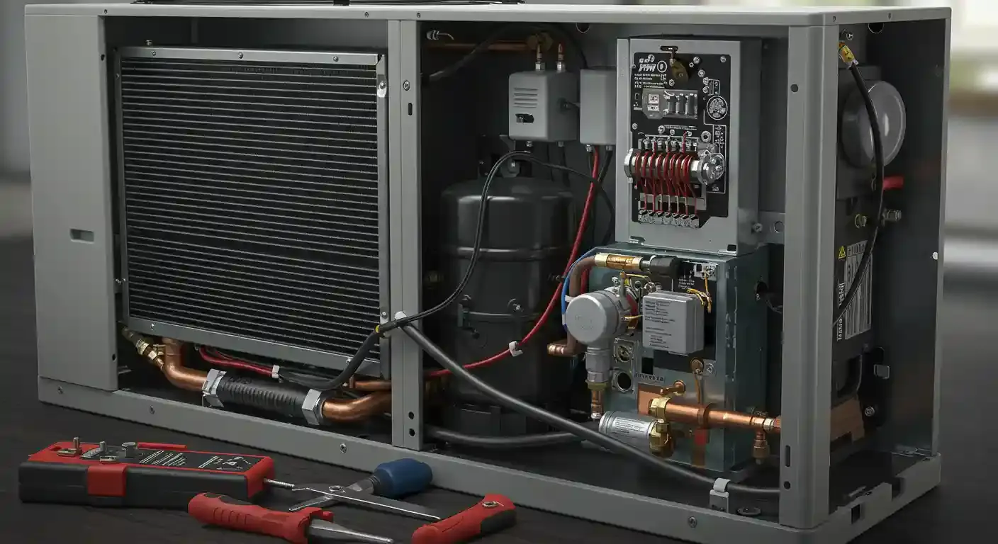 The inside of a heat pump, with its outer casing removed to expose the components.  The central component is a large, black, cylindrical compressor, which pressurizes the refrigerant. To the left is a large, finned heat exchanger coil (either the condenser or evaporator). Various copper pipes connect these parts, and an electrical control panel with wiring is visible on the upper right. Tools like a multimeter, screwdrivers, and pliers are in the foreground, suggesting the unit is being serviced or repaired.