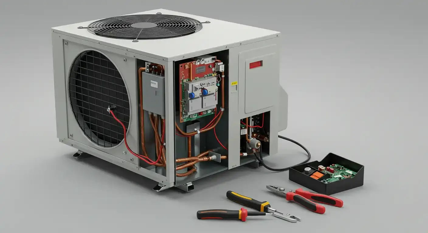  A low-angle, eye-level shot shows the interior components of a heat pump, with its front panel removed. The gray metallic box reveals a large fan on the left and a tangle of copper pipes, electrical wires, and circuit boards on the right. At the bottom, a black box is open, showing a green circuit board with red and black wires attached. Three tools are on the floor next to the unit: two screwdrivers with black and yellow handles and a pair of pliers with red and black handles. The background is a solid, light gray.