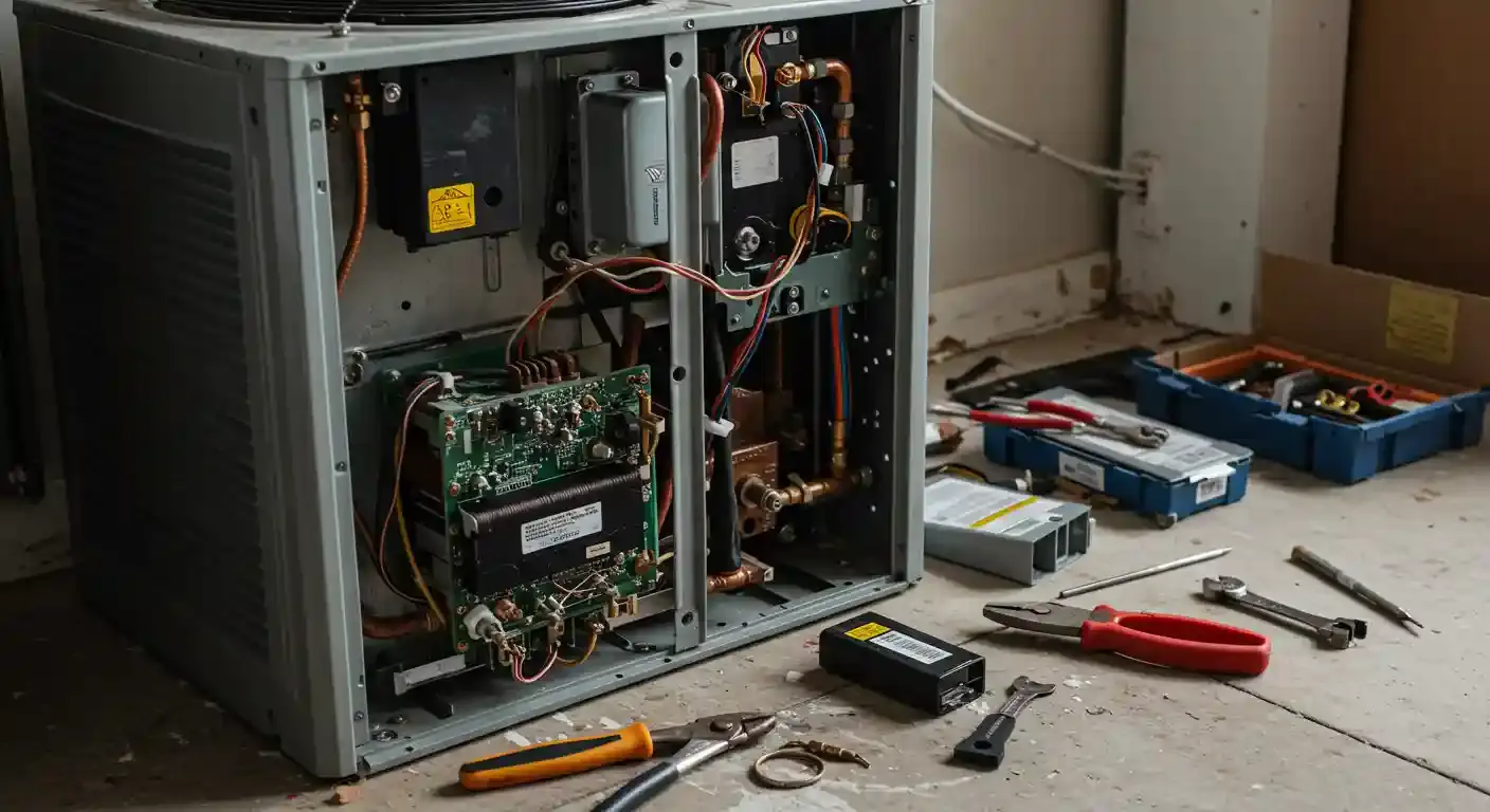 A high-angle shot shows a heat pump unit with its side panel removed, revealing a complex arrangement of copper pipes, electrical wiring, and a large circuit board with a transformer. The metallic gray unit sits on a concrete floor in what appears to be a basement or garage. A collection of tools, including wrenches, pliers, and screwdrivers, is scattered on the floor around the unit, indicating a repair is in progress. Some tools, like a blue plastic toolbox, a multimeter, and a small black electronic device, are visible in the background.