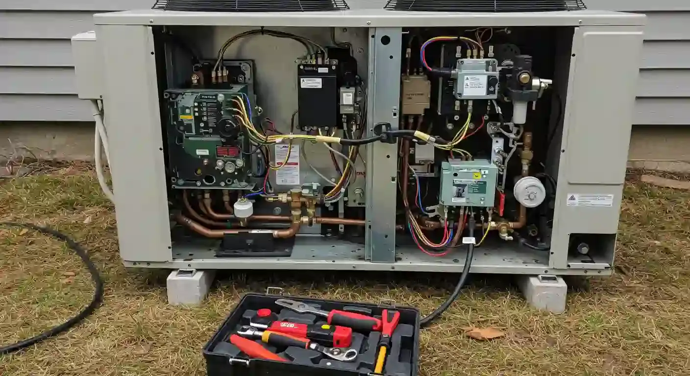 A full, head-on view of a large, gray heat pump unit sitting on concrete blocks on a grassy lawn. The front panel has been removed, revealing an intricate arrangement of components, including copper pipes, valves, wires, and multiple circuit boards. The interior is divided into two sections by a central partition. A toolbox containing various hand tools with black and red handles is on the ground in front of the unit, suggesting a repair is underway. The background consists of a light gray house siding and the unit's fan visible at the top.