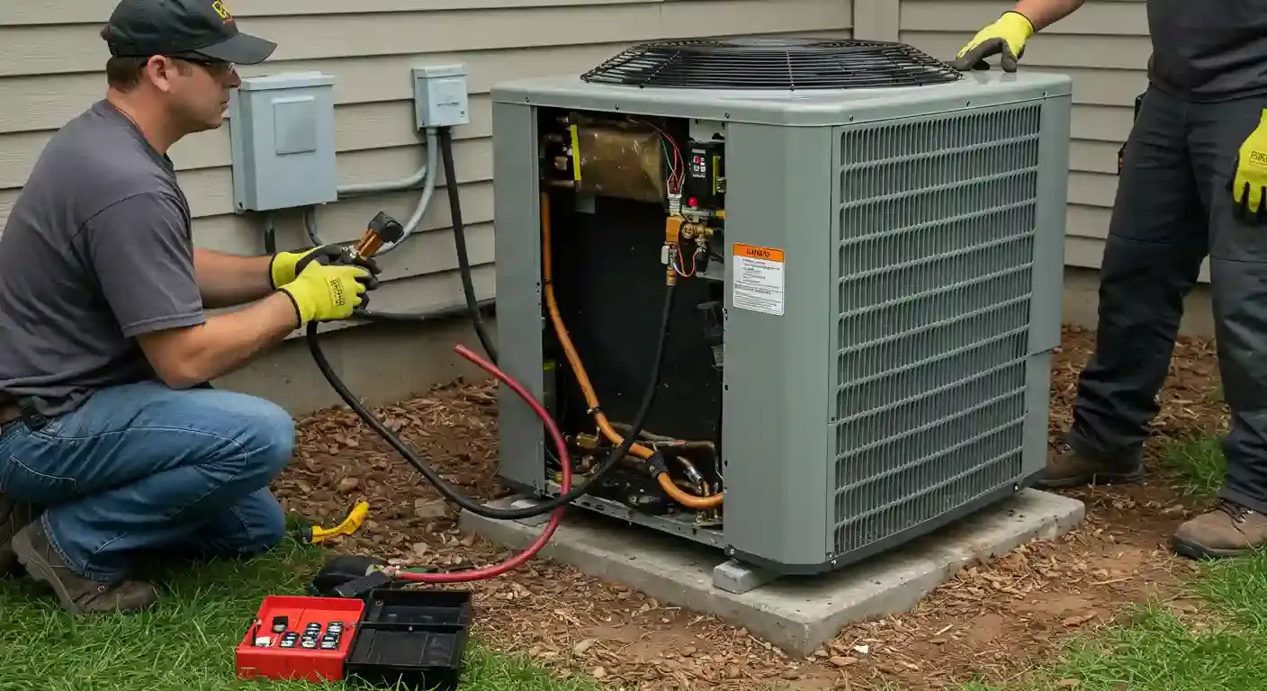  A wide, horizontal image shows two male technicians servicing a large, gray outdoor heat pump unit. The technician on the left is kneeling and wearing a gray t-shirt, jeans, a black cap, and yellow gloves. He is holding a tool with a gauge and a hose, which is connected to the unit. The unit's side panel is removed, revealing the internal components and a network of copper pipes and wires. The other technician's legs are visible on the right, also wearing work pants and yellow gloves. A small, open toolbox with red and black compartments is on the ground in front of the kneeling technician. The background shows the gray siding of a house and a patch of wood chips around the concrete pad.