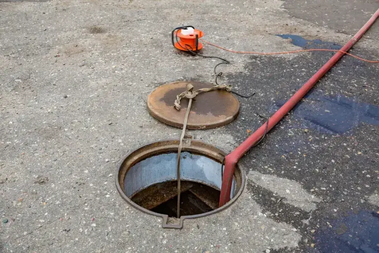 A wide-angle, eye-level shot of a manhole in a concrete ground with its rusty lid removed, revealing a dark hole. A thick red hose and a long rope are lowered into the manhole, and a bright orange machine is visible in the background.