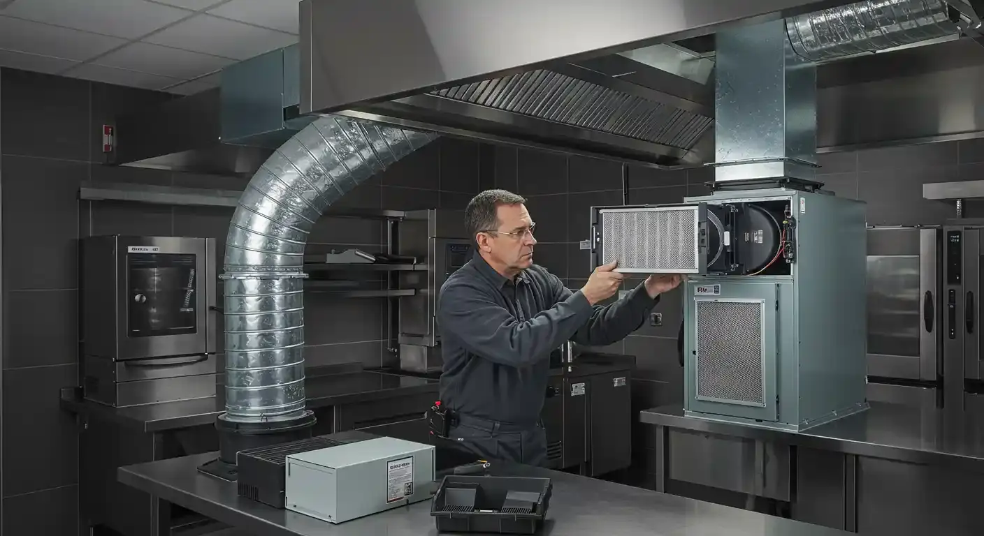  A man wearing glasses and a dark gray collared shirt is standing in a professional kitchen or lab. He is holding a rectangular metal air filter with a grate and is in the process of installing it into a metal box connected to a large, shiny metal hood vent. The room has stainless steel countertops and multiple commercial-grade appliances and ovens are visible in the background. The man is focused on the task at hand. There are several tools and other components on the countertop in front of him.