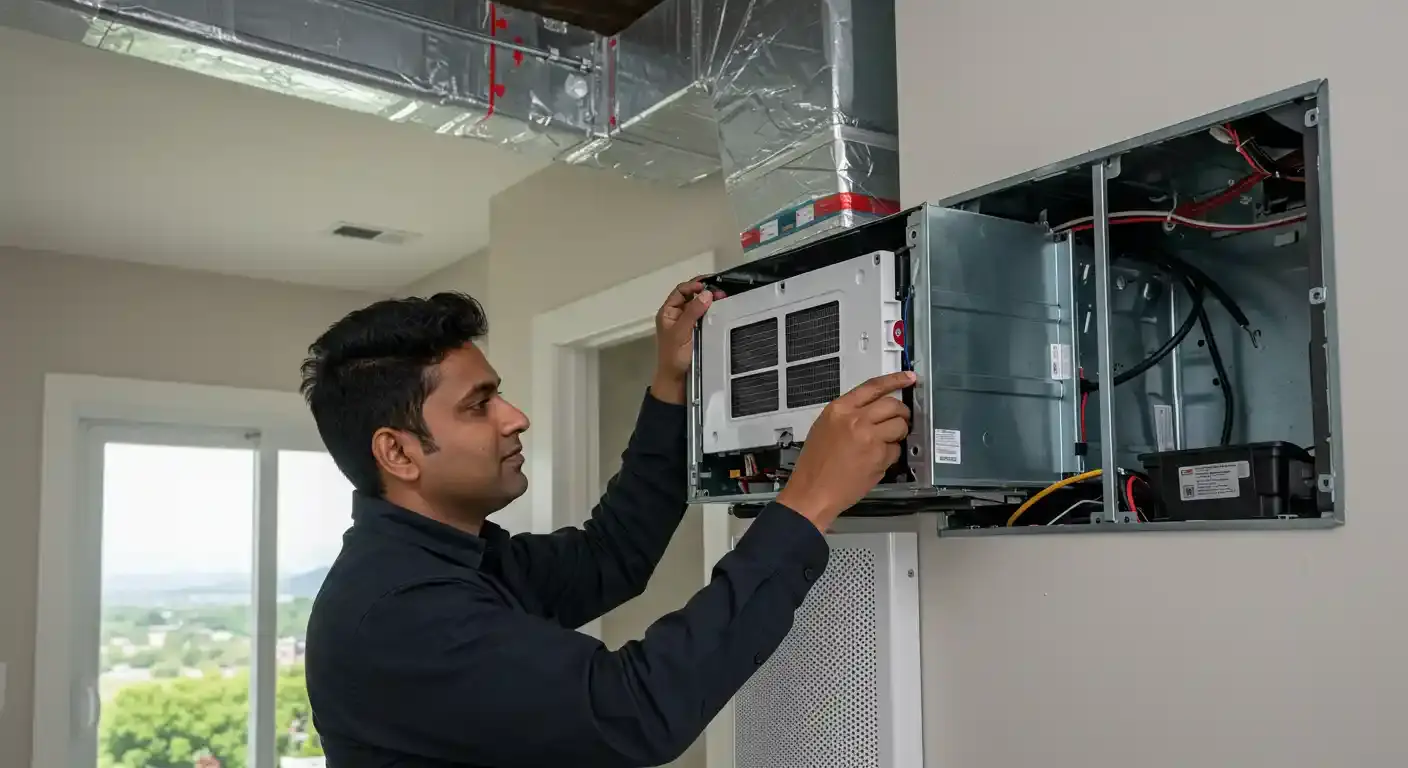  A close-up of a technician installing a new air quality product into a pre-existing ventilation system. The technician is wearing a black collared shirt and is carefully inserting the white air quality product into the ductwork opening in a wall. The product has a grate on the front. Wires and the internal components of the ventilation system are visible within the wall. In the background, a white ceiling and walls with exposed metal ductwork are visible. A window in the far background provides a view of a town nestled in a valley with mountains in the distance.