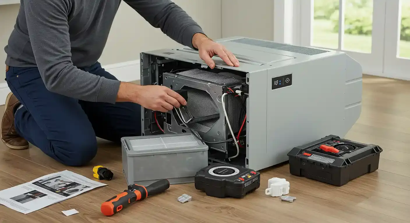 A close-up of a technician working on an air quality unit on the floor. The technician is wearing a gray sweater and dark blue pants. They are kneeling and using their hands to adjust the wiring on the air quality unit. The gray unit is open, revealing the internal components, including a fan and filter. Several tools, including a screwdriver, wire nuts, a filter, and a user manual, are laid out on the light brown hardwood floor around the unit. A window is visible in the background.