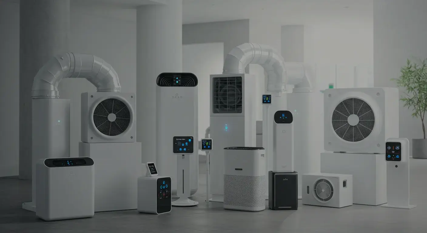  A product shot of a collection of various white air purifiers and HVAC units on a gray concrete floor. There are large square and rectangular units with exposed fans and ductwork, as well as smaller, more sleek residential-style air purifiers of various shapes and sizes. Some of the units have blue-lit digital displays. The background is a clean, modern, and minimalist indoor space with large white columns. There is a small plant on the right side of the image. The image is lit from above, giving it a bright and professional feel.