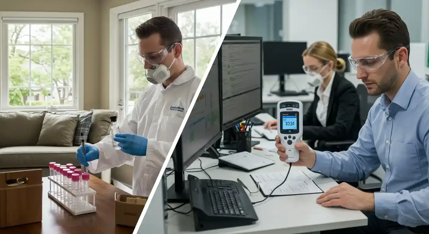  A close-up composite image of two scenes related to indoor air quality testing. The left side shows a man in a white lab coat, wearing safety goggles and a face mask. He is holding a small glass vial and using a pipette to transfer liquid into it. On the table in front of him is a rack of test tubes. The background is a blurred living room with a couch and a large window. The right side shows a man and a woman in an office setting. Both are wearing safety goggles. The man is holding a white air quality monitor with a digital screen, and the woman is working at a computer in the background.