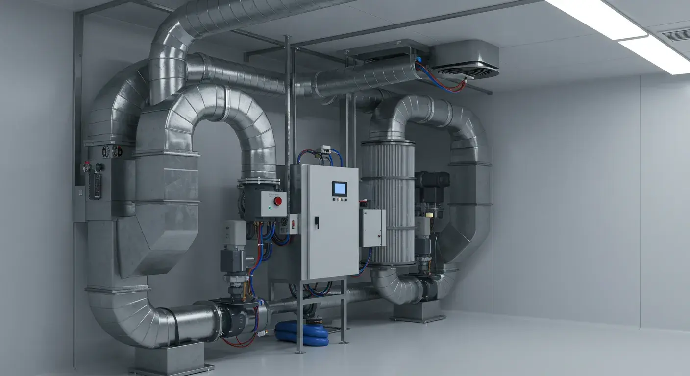  A large, industrial HVAC system with multiple shiny metal ducts and pipes connected in a complex arrangement. The system is located in a clean, white room with smooth walls and a white floor. In the center of the image, there is a large, white electrical box with a digital control panel. The system has red and blue wires visible, and a large cylindrical filter. The overall look is very clean and modern.