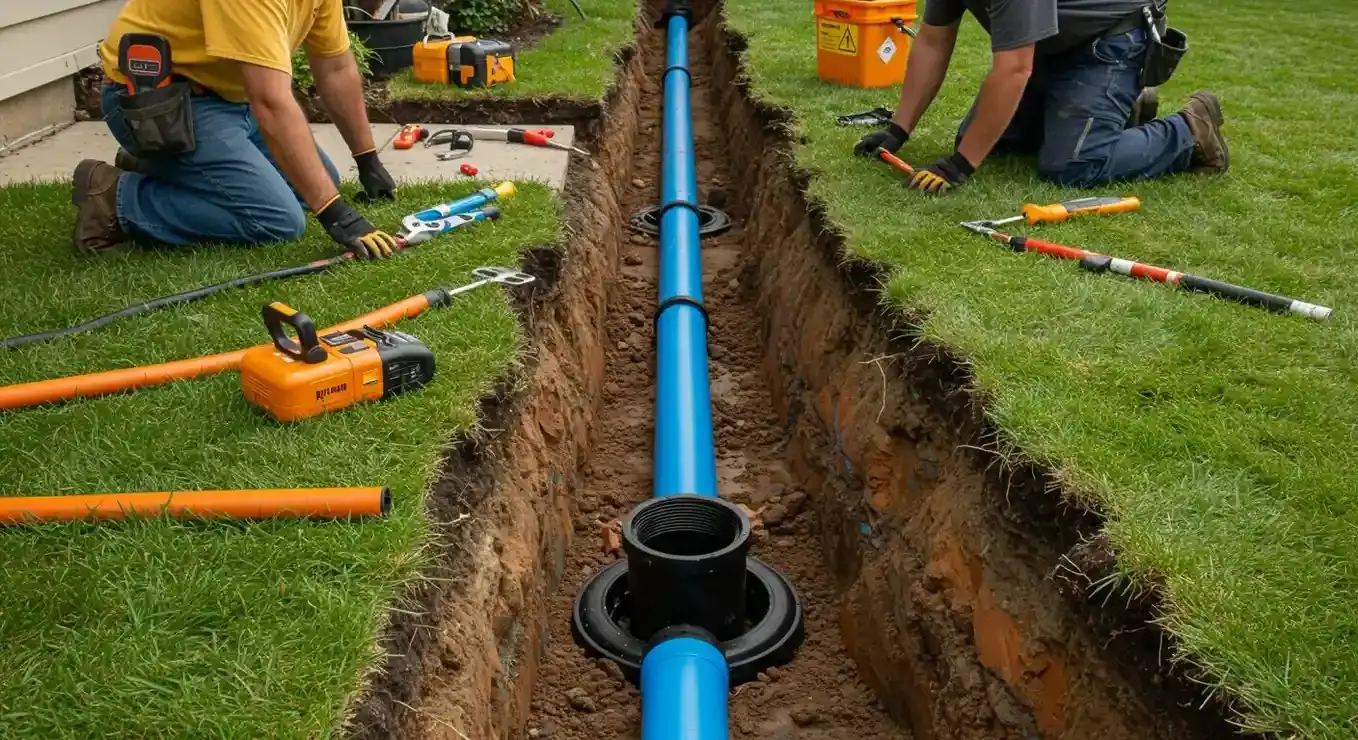 Two plumbers are kneeling on a green lawn and installing a new blue sewer pipe in a narrow trench.