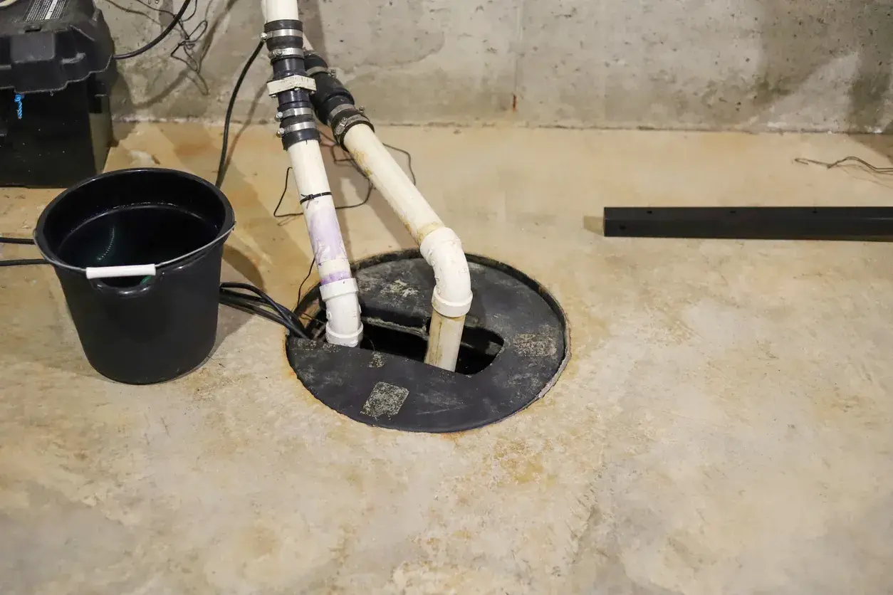 Basement sump pump setup with PVC pipes leading into a circular black cover.