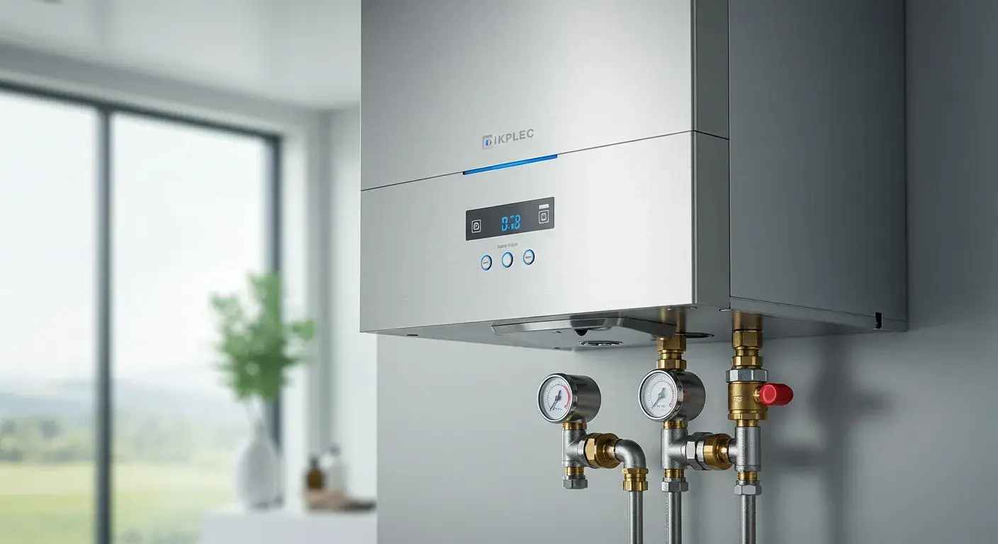 A silver "Kiplec" brand tankless water heater with a blue and white digital display and two gauges is mounted on a light gray wall.