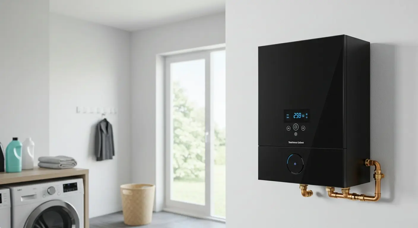 A modern, sleek black tankless water heater with a blue digital display is mounted on a white wall in a laundry room with a washing machine and a large window in the background.