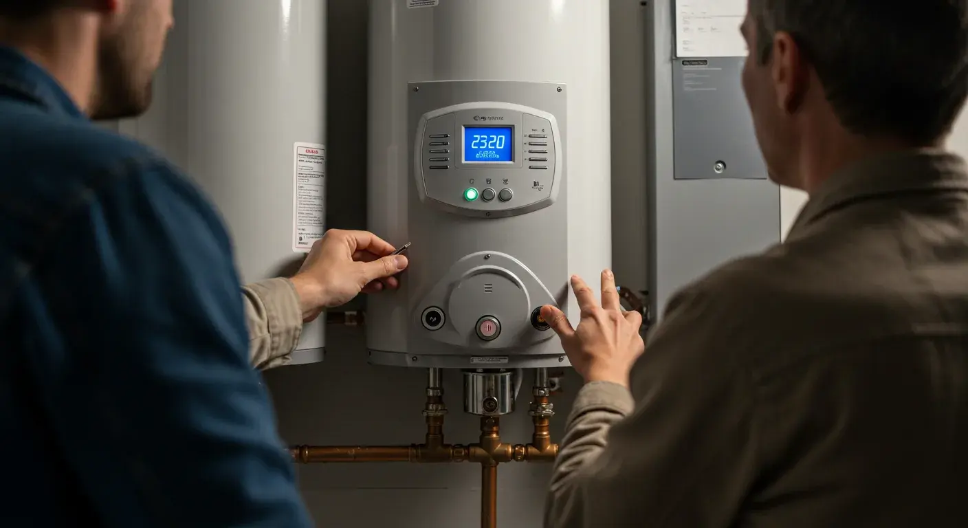  A close-up image shows two men from behind, looking at a modern, gray tankless water heater. The water heater has a digital display showing the number "23.2" and a logo. One man's hand is visible on the right, pointing at the control panel, while the other man's hand on the left is holding a small tool and adjusting a setting on the unit. Copper pipes are visible at the bottom of the water heater.