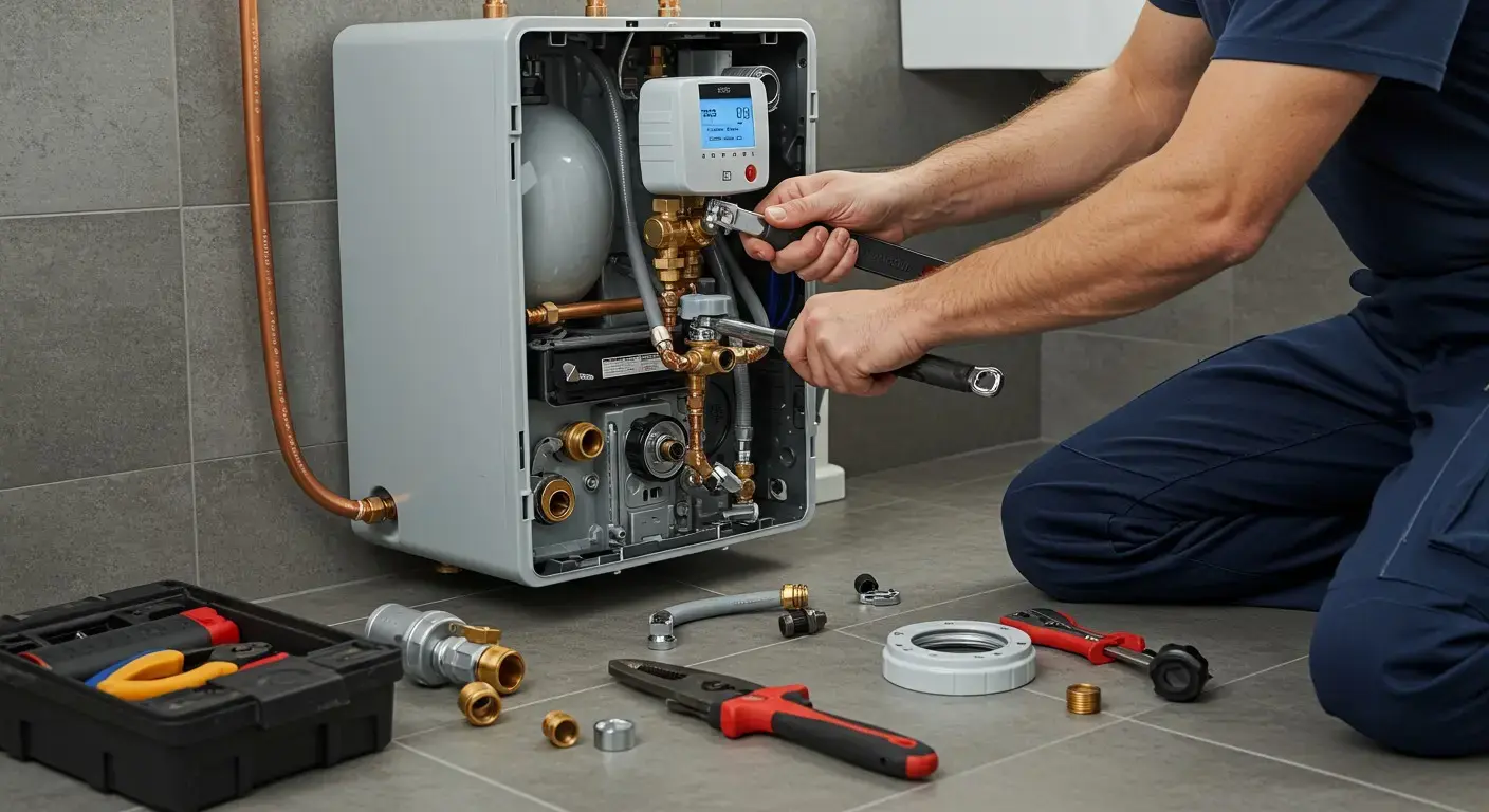 A technician is kneeling and using a wrench to repair a wall-mounted tankless water heater, with various tools and fittings scattered on the tiled floor.
