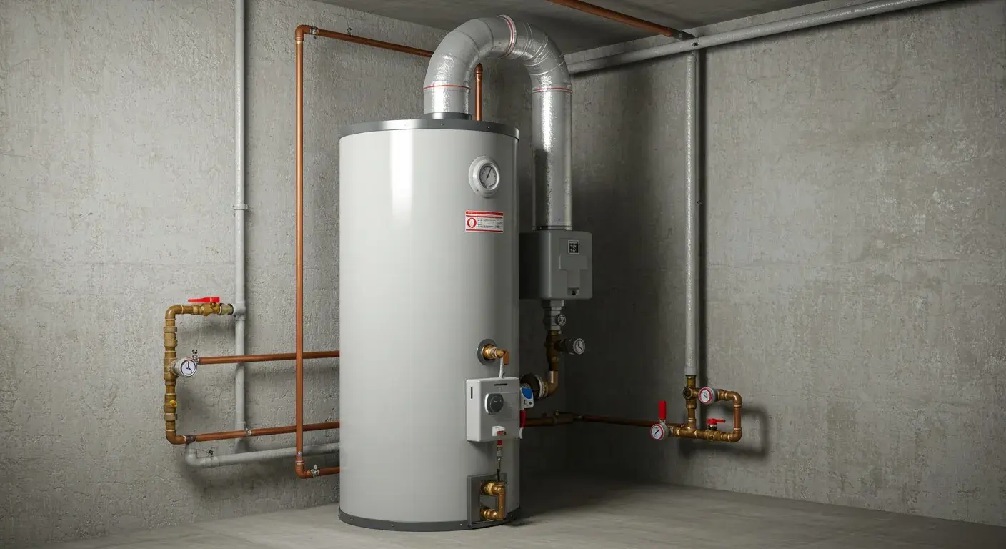 A large, light gray water heater with visible pipes, gauges, and a silver ventilation duct extending to the ceiling is situated in a concrete utility room.