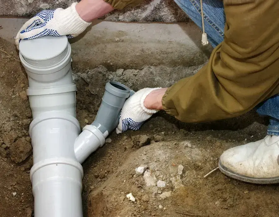Worker installing new PVC drain pipes outdoors.
