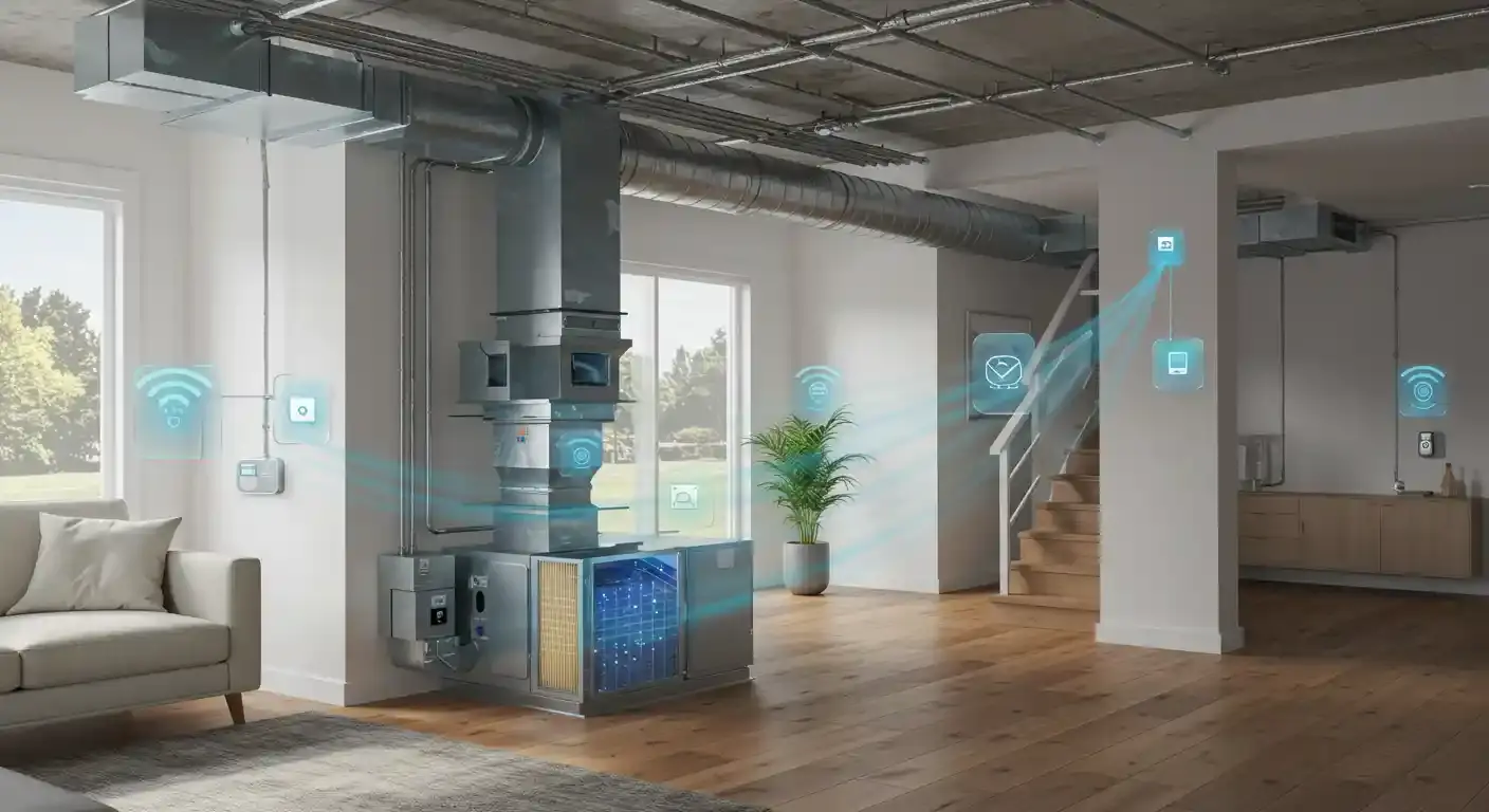  A wide-angle composite image of a clean, modern home with an exposed HVAC system and animated diagrams of airflow. The HVAC unit is large and rectangular, with a lower section that is glowing blue and shows animated particles being filtered. The unit is connected to a network of large, exposed metal ducts on the ceiling. Various floating icons and blue light lines represent Wi-Fi signals and airflow, indicating the system's smart capabilities. The room has light wood floors, a rug, a white sectional couch, and a staircase leading to the next floor. Large windows provide a view of a lush green lawn and trees.