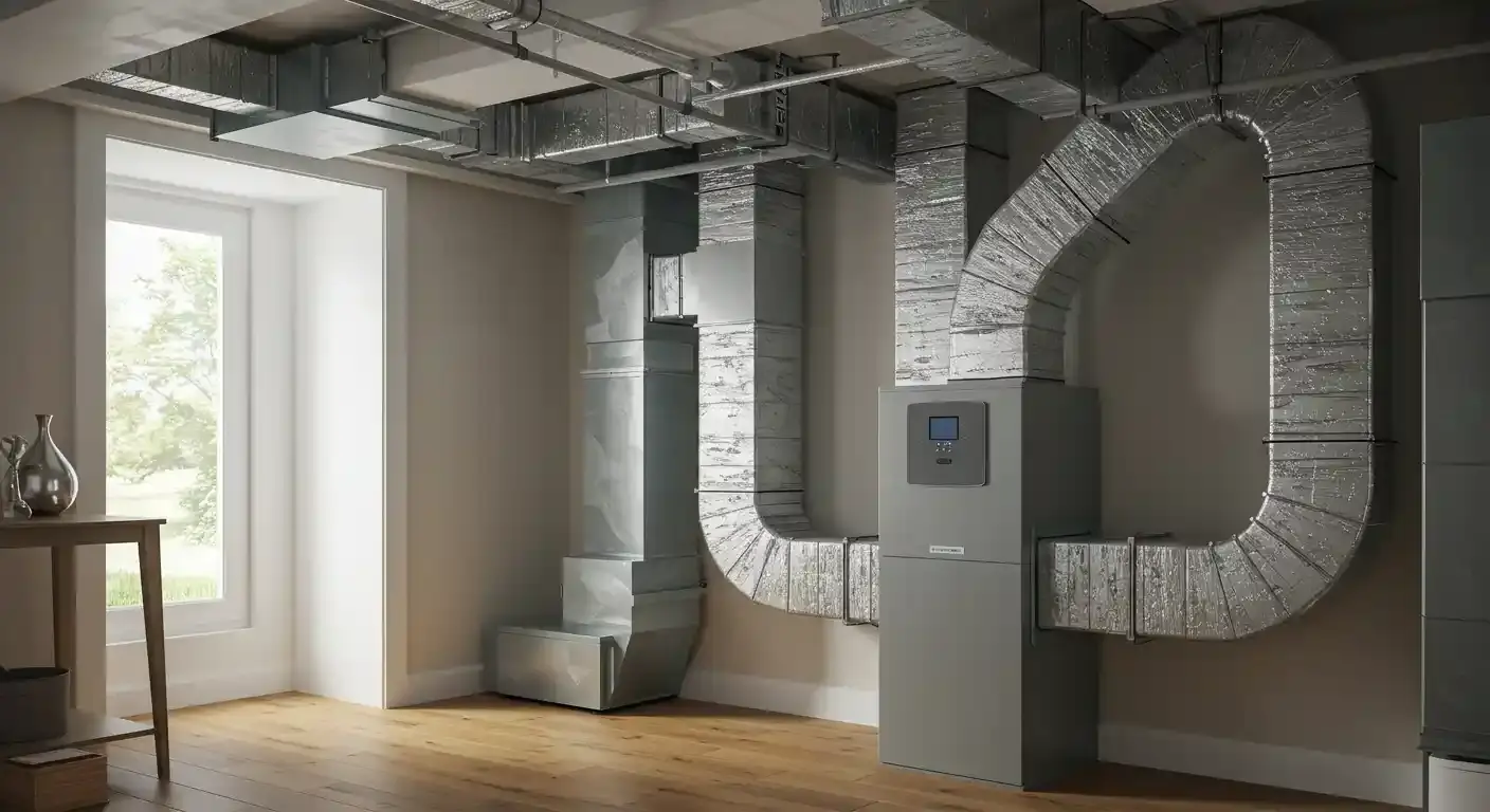  A wide-angle product shot of a whole-house air filtration unit in a modern room with a light wood floor and beige walls. The gray rectangular unit has a digital control panel on the front and is connected to a complex system of large, exposed metal ducts that run along the ceiling. A large window with a view of a lush green landscape is on the left side of the image. The image is clean and well-lit.