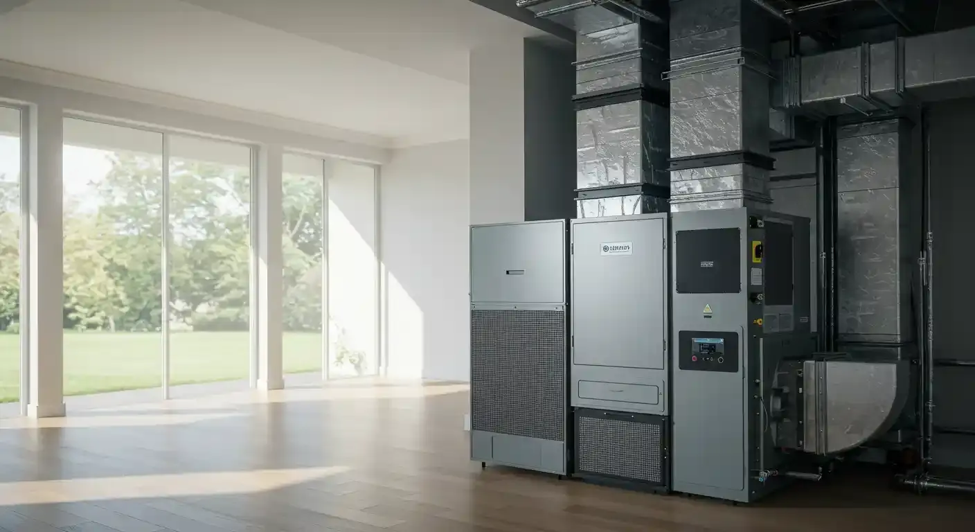 A large, gray, and rectangular whole-home air filtration system is shown in a clean, modern room with light wood floors and white walls. The system is comprised of several connected units with metal grates and control panels. It is connected to a complex network of large, exposed metal ducts that run along the ceiling. A large window provides a view of a lush green lawn and trees. The room is minimalist and well-lit.