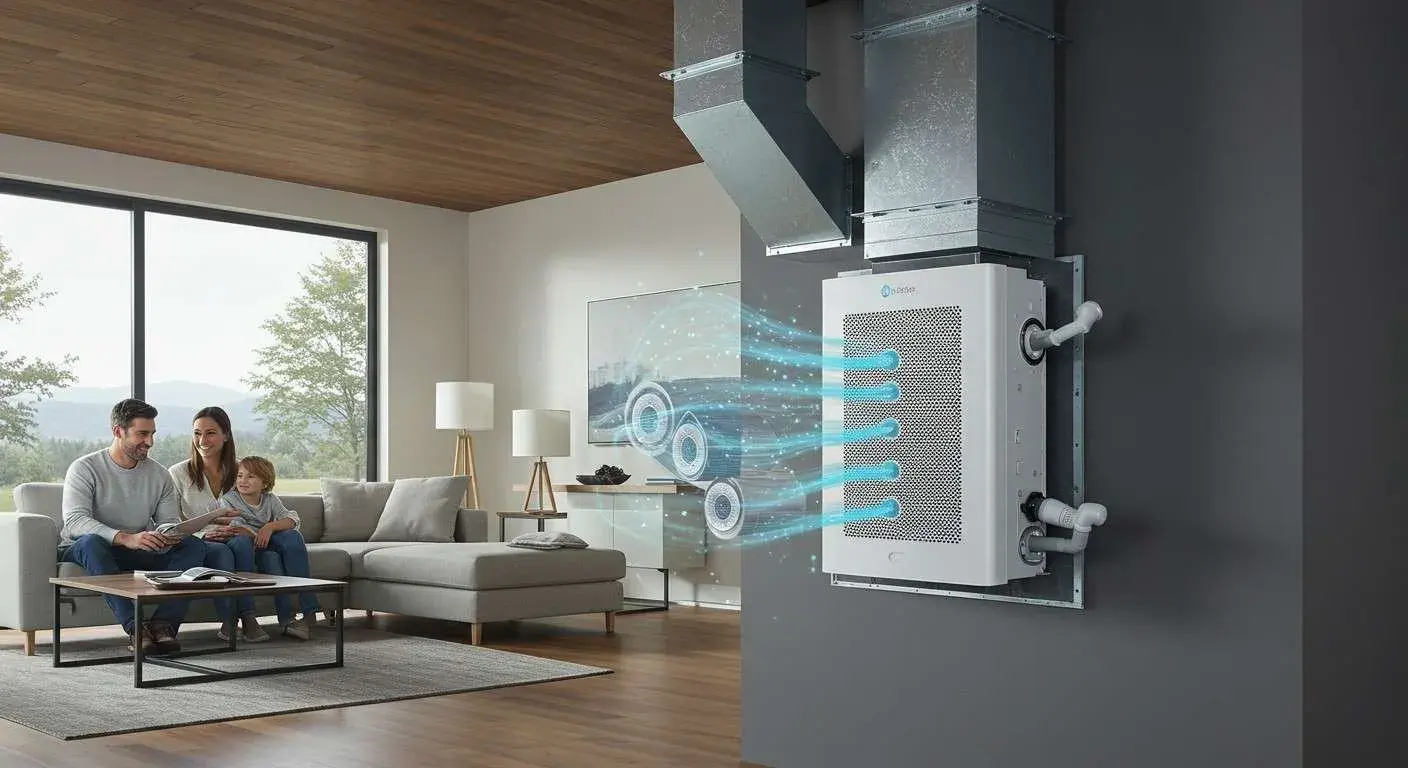  A family is sitting on a sofa in a modern living room while an animated diagram of an air purification system is displayed on the right. The air purification system is a rectangular white box with a black grate on the front, mounted on a dark gray wall, and connected to large metal ducts on the ceiling. Three horizontal blue light beams with animated airflow graphics are shown extending from the unit, representing the air purification process. A man, woman, and child are sitting on a light gray sectional sofa and looking at a tablet. The living room has a large window with a view of a mountain landscape.