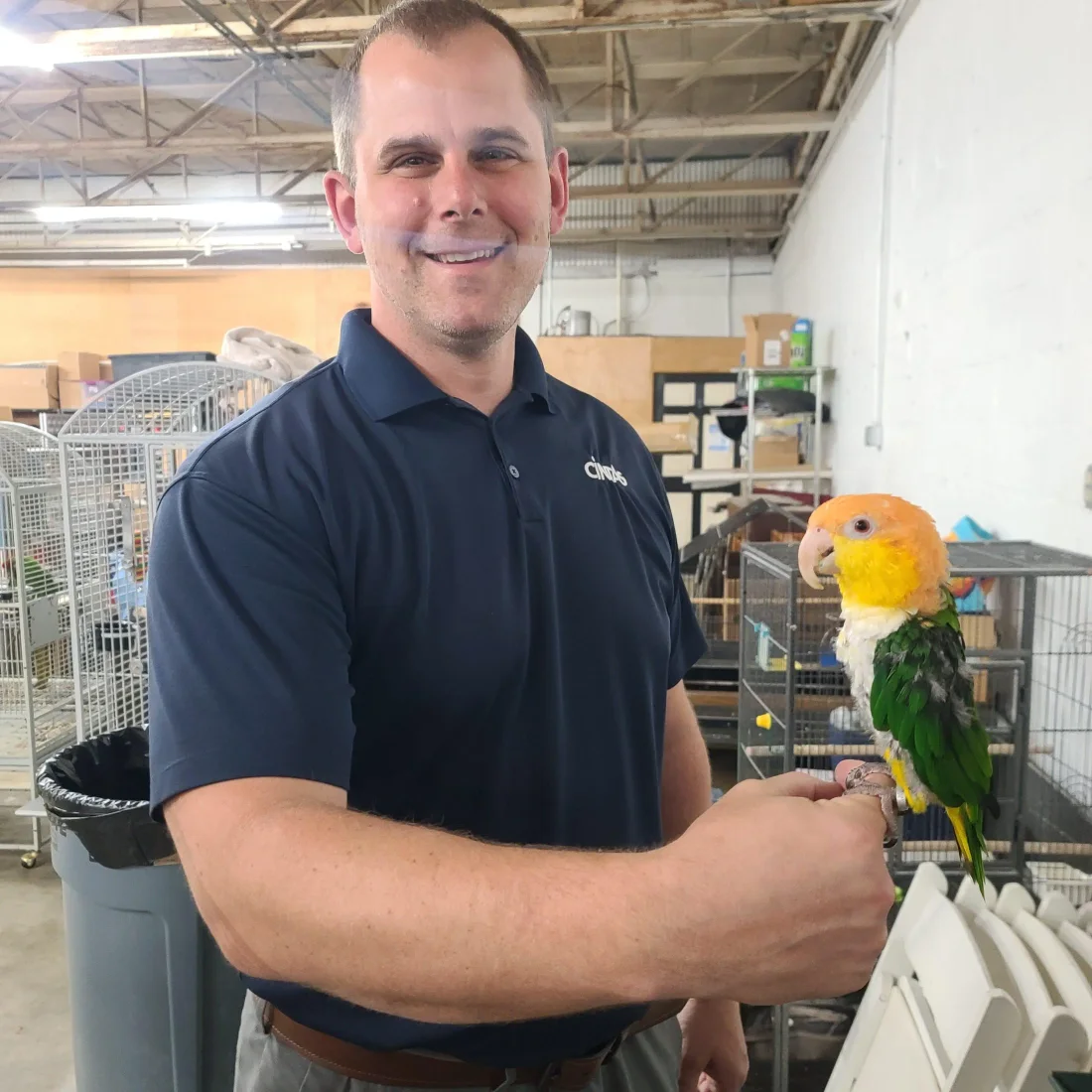 A smiling man wearing a dark blue polo shirt is holding a small, colorful parrot on his left hand. The parrot has a yellow-orange head, white chest, and green wings. They are in what appears to be a warehouse with several large bird cages visible in the background.