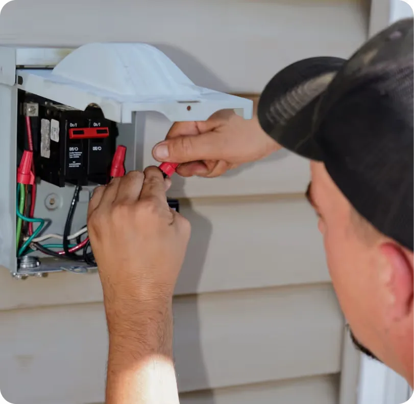Close-up of a technician wiring an outdoor electrical disconnect